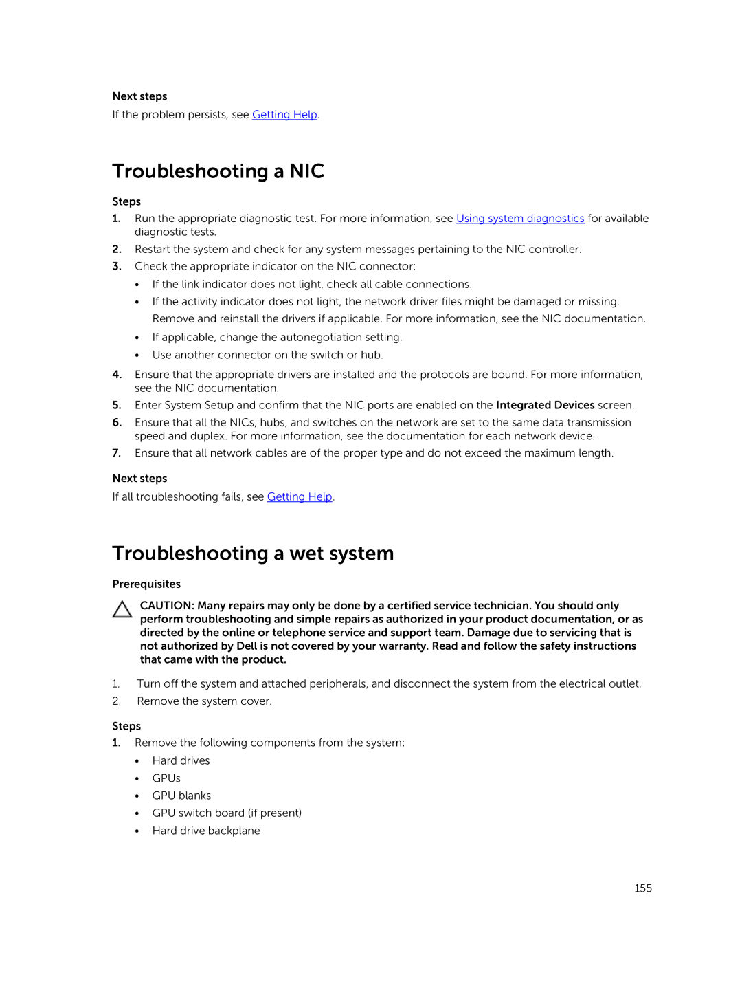 Dell C4130 owner manual Troubleshooting a NIC, Troubleshooting a wet system 