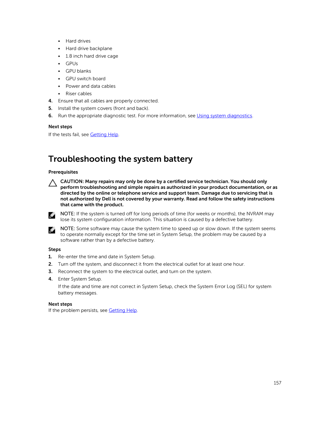 Dell C4130 owner manual Troubleshooting the system battery 