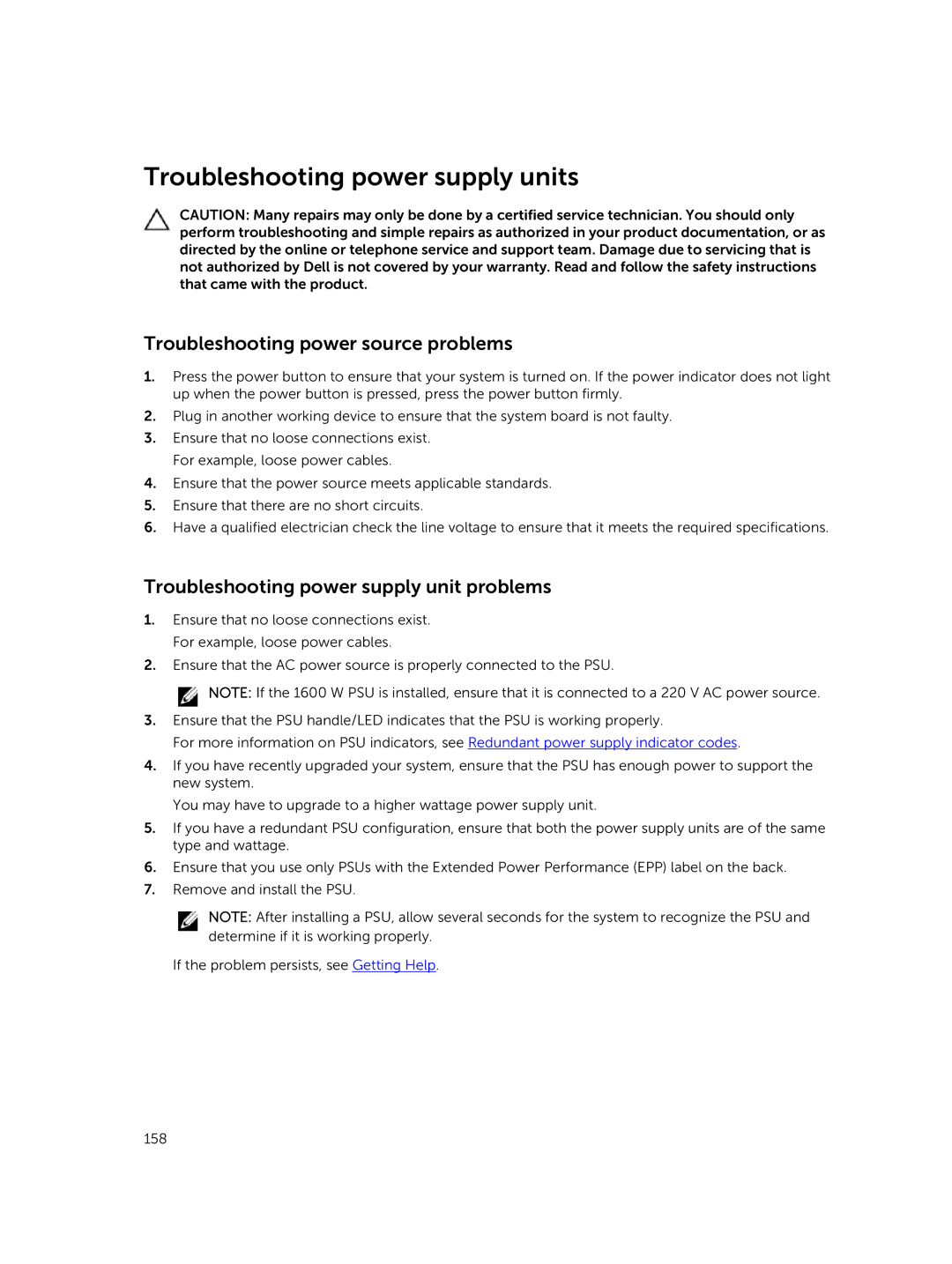 Dell C4130 owner manual Troubleshooting power supply units, Troubleshooting power source problems 