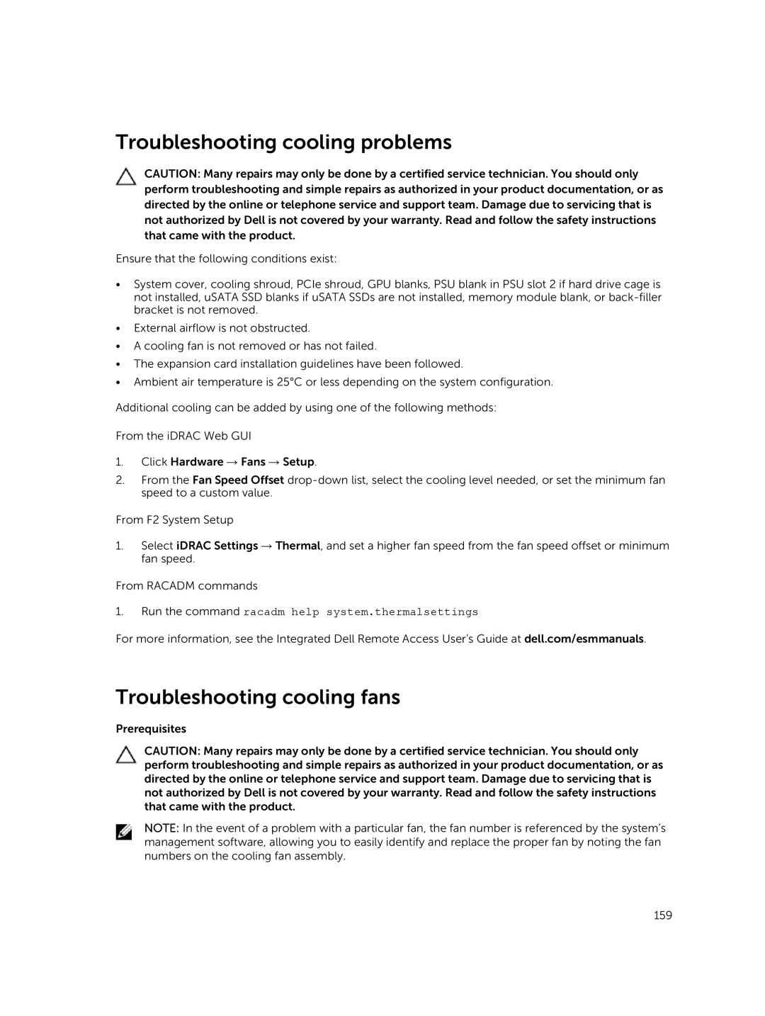 Dell C4130 owner manual Troubleshooting cooling problems, Troubleshooting cooling fans 