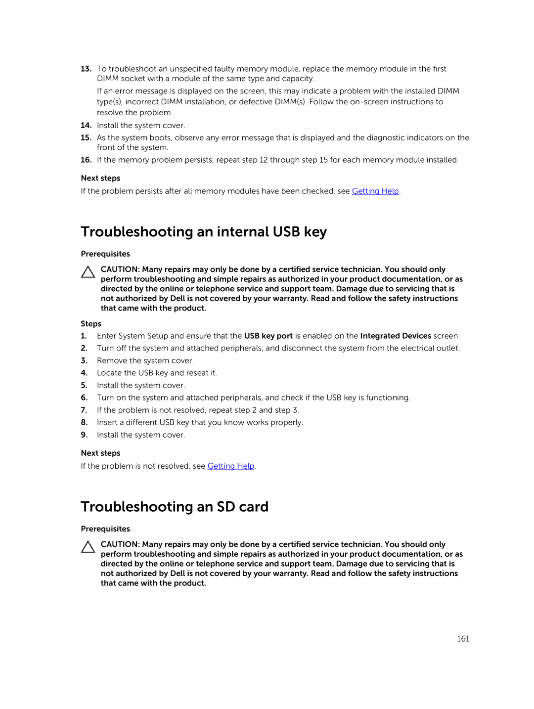 Dell C4130 owner manual Troubleshooting an internal USB key, Troubleshooting an SD card 