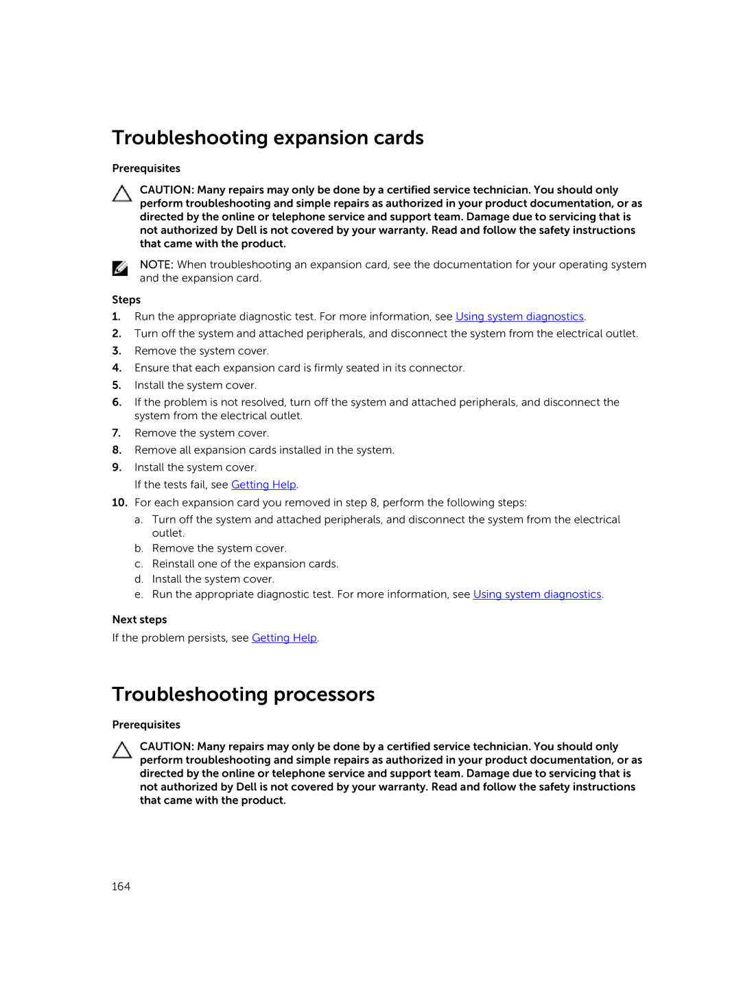 Dell C4130 owner manual Troubleshooting expansion cards, Troubleshooting processors 