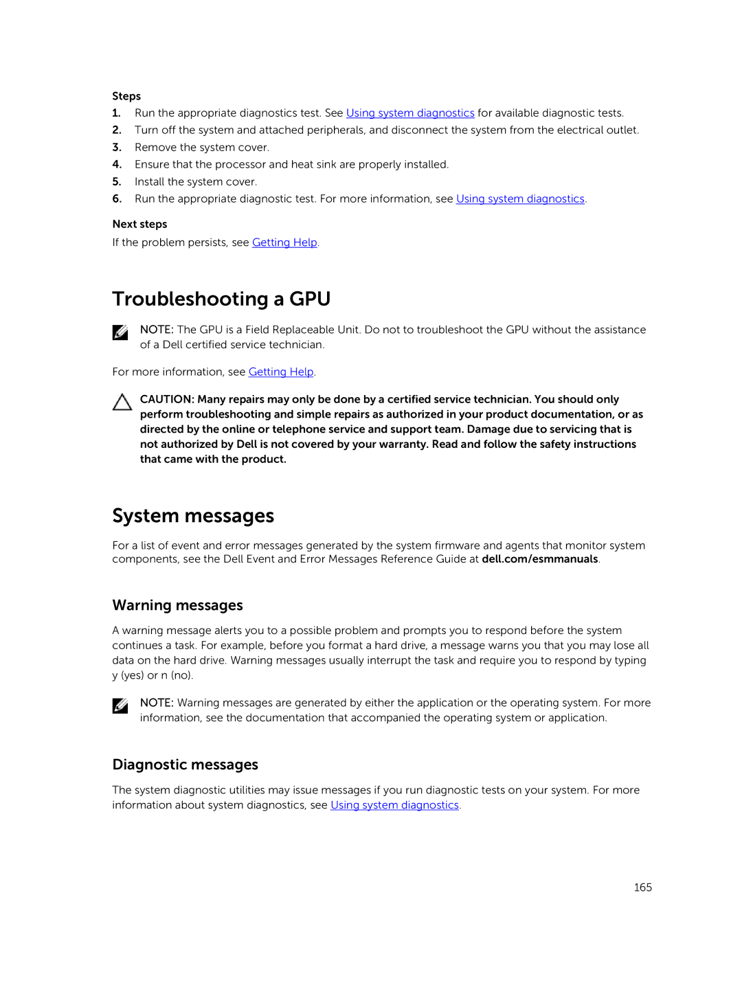 Dell C4130 owner manual Troubleshooting a GPU, System messages, Diagnostic messages 