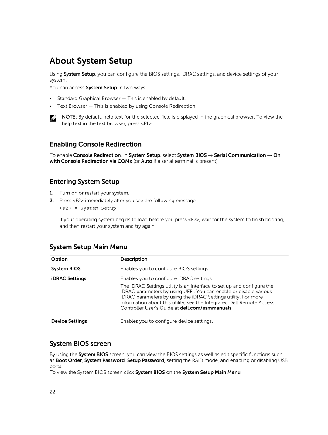 Dell C4130 owner manual About System Setup, Enabling Console Redirection, Entering System Setup, System Setup Main Menu 