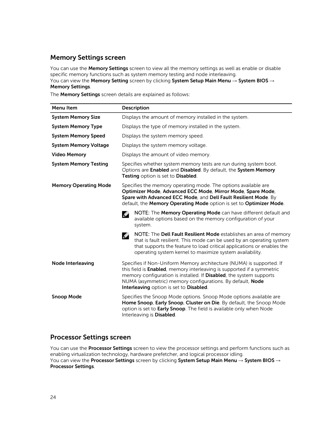 Dell C4130 owner manual Memory Settings screen, Processor Settings screen 