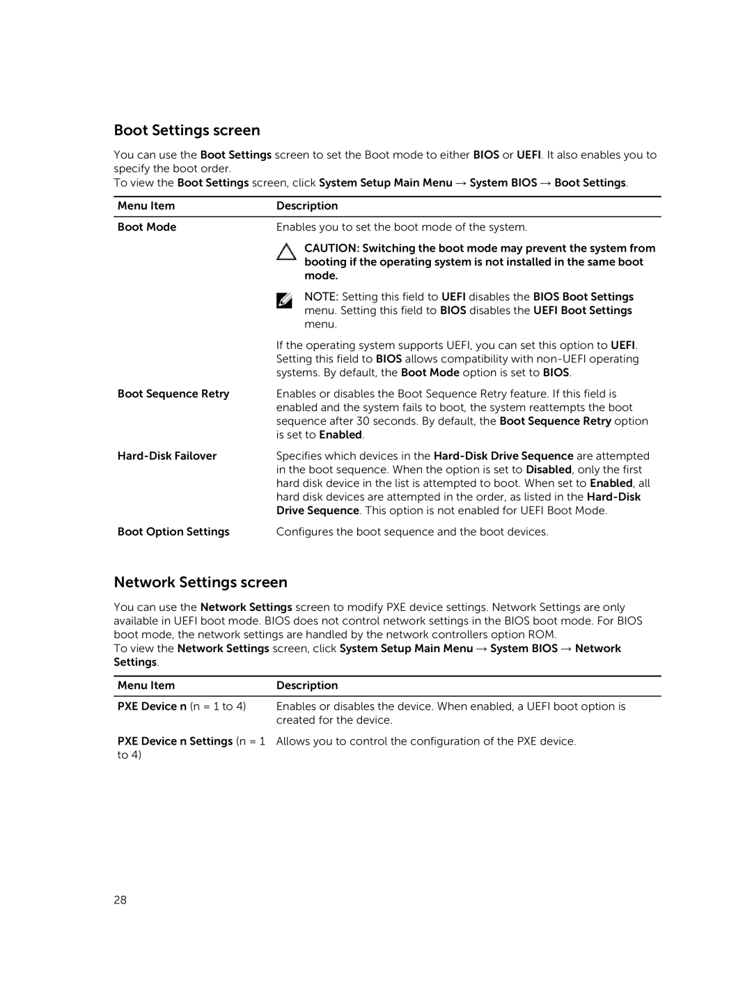 Dell C4130 owner manual Boot Settings screen, Network Settings screen 