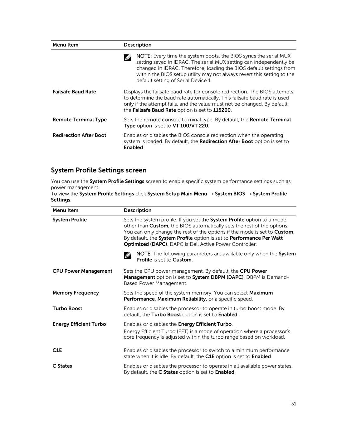 Dell C4130 owner manual System Profile Settings screen, C1E 