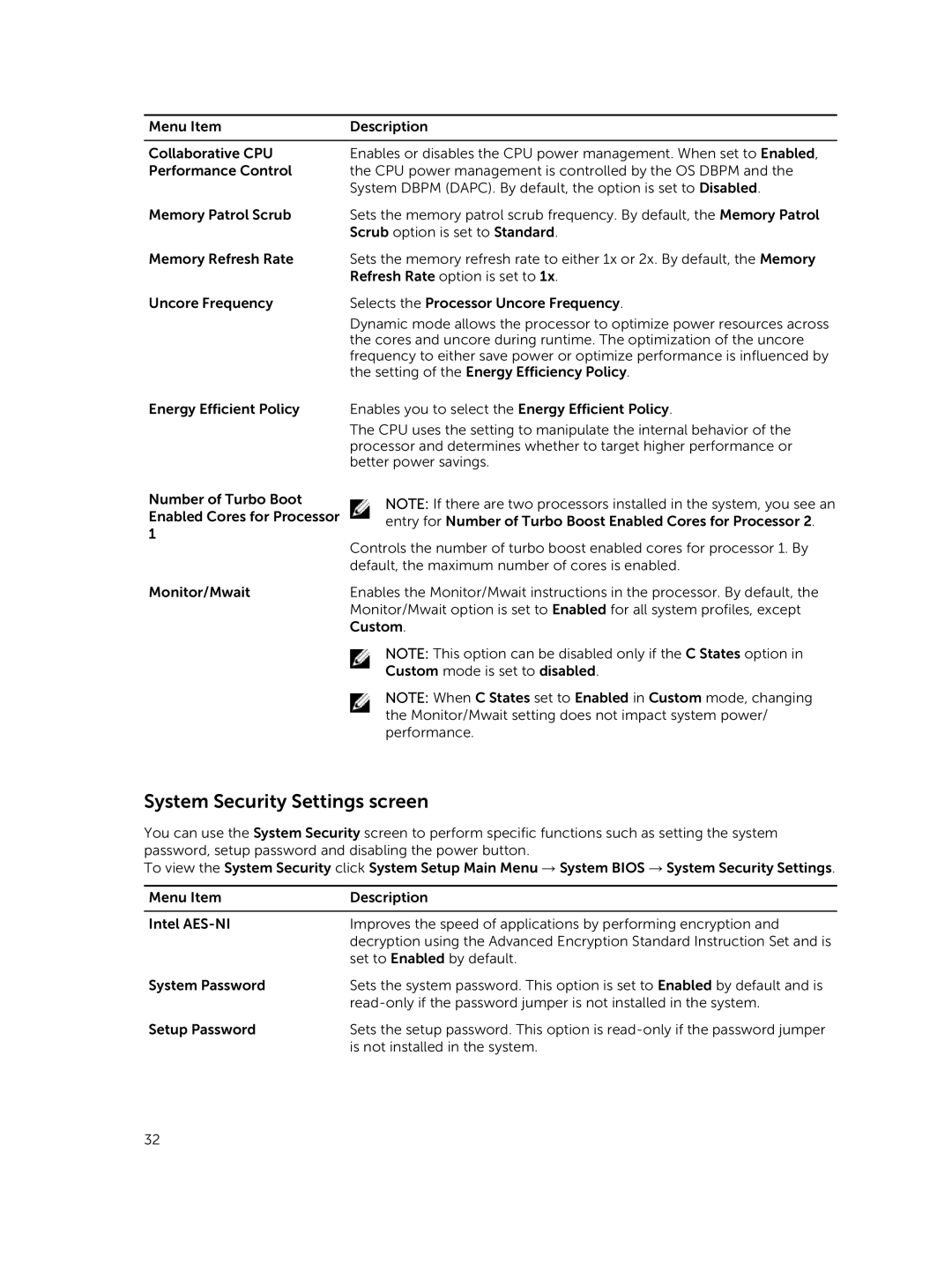 Dell C4130 owner manual System Security Settings screen 