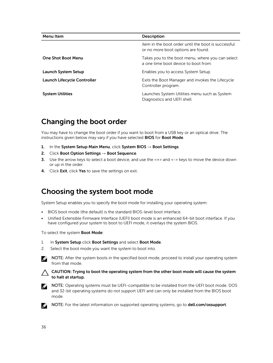 Dell C4130 owner manual Changing the boot order, Choosing the system boot mode 