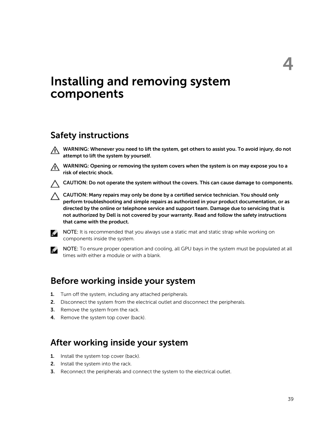 Dell C4130 owner manual Safety instructions Before working inside your system, After working inside your system 