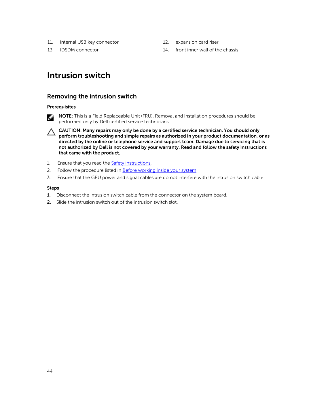 Dell C4130 owner manual Intrusion switch, Removing the intrusion switch 