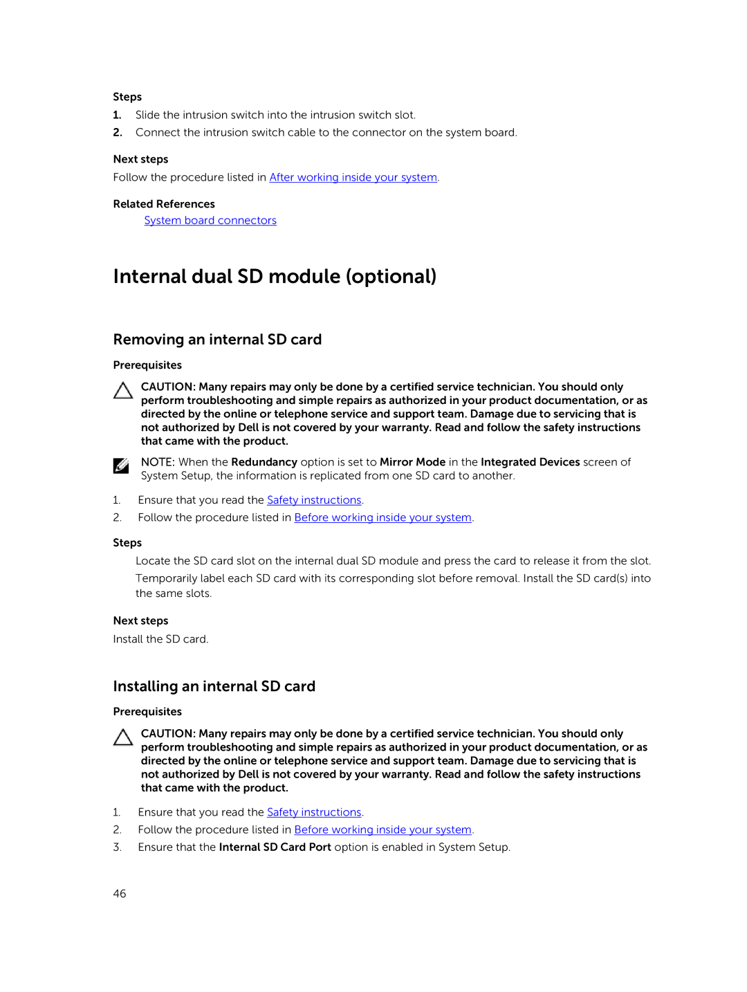 Dell C4130 owner manual Internal dual SD module optional, Removing an internal SD card, Installing an internal SD card 