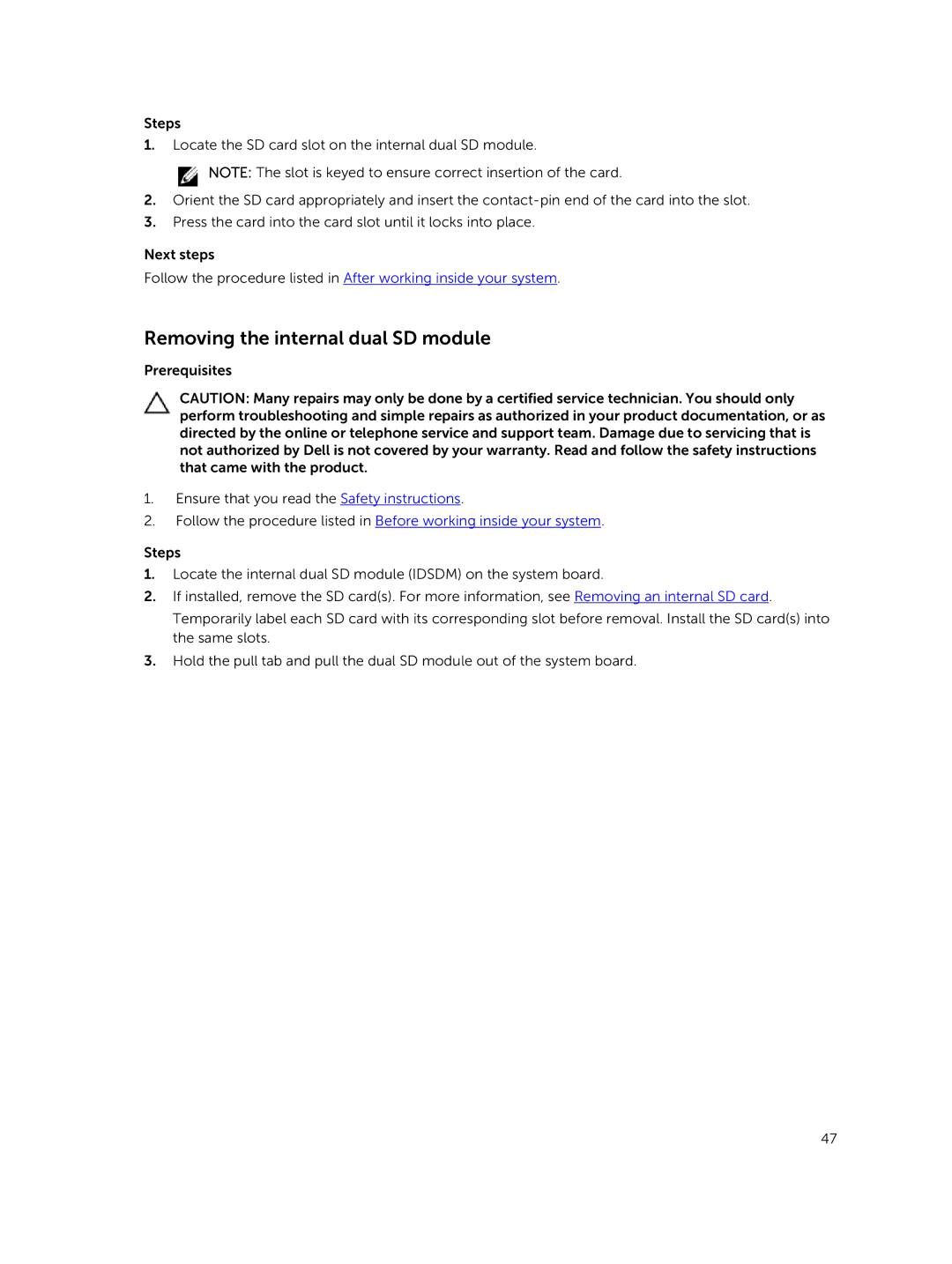 Dell C4130 owner manual Removing the internal dual SD module 