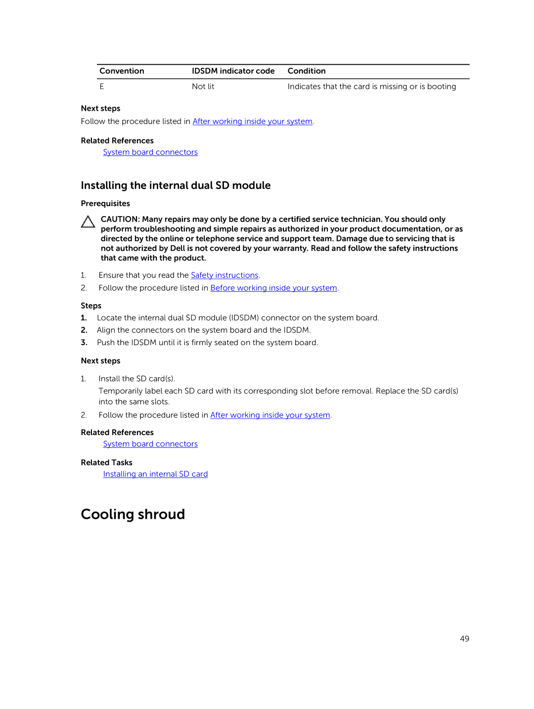 Dell C4130 owner manual Cooling shroud, Installing the internal dual SD module 