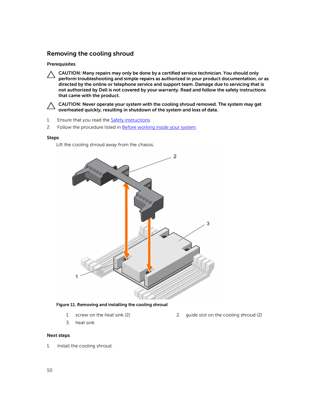 Dell C4130 owner manual Removing the cooling shroud, Removing and installing the cooling shroud 