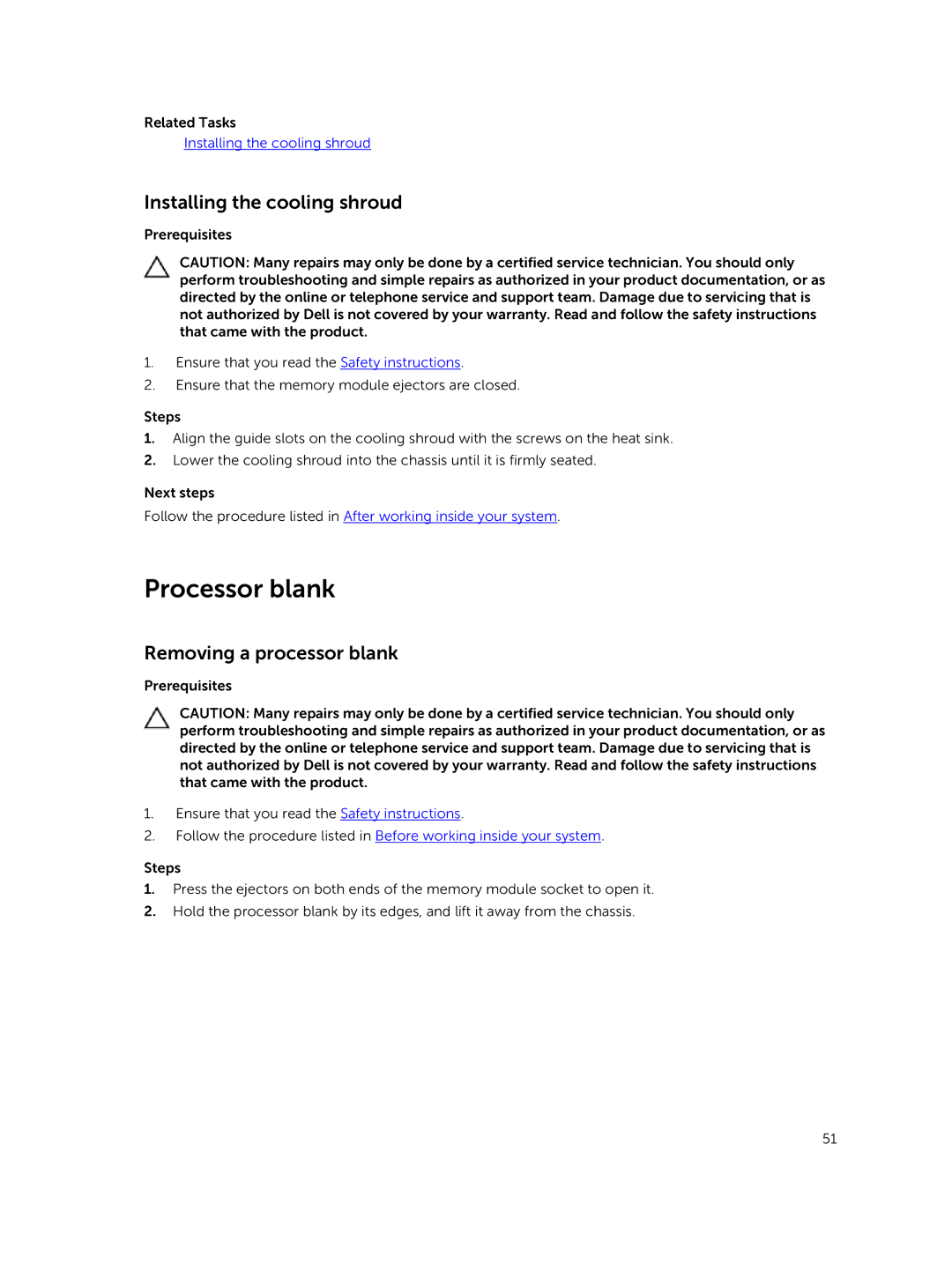 Dell C4130 owner manual Processor blank, Installing the cooling shroud, Removing a processor blank 