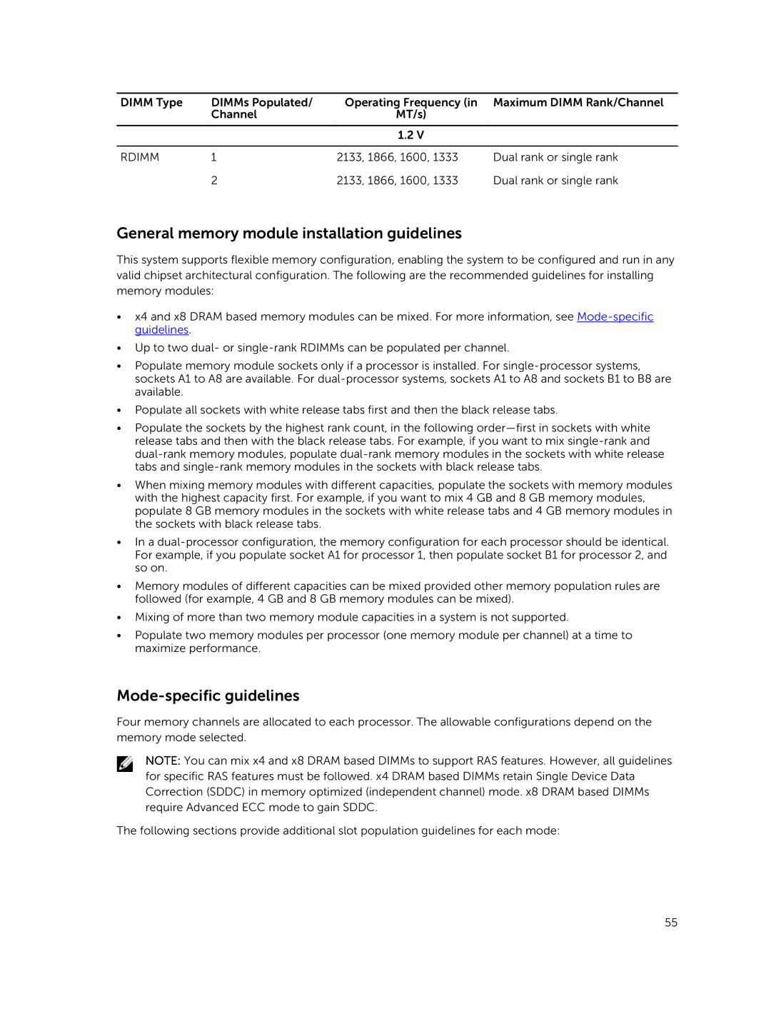 Dell C4130 owner manual General memory module installation guidelines, Mode-specific guidelines 