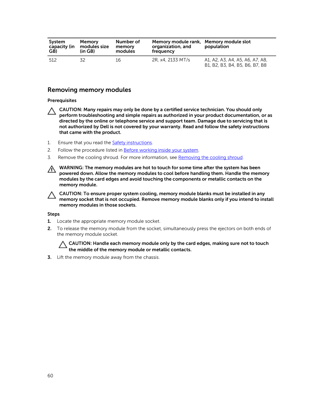 Dell C4130 owner manual Removing memory modules 