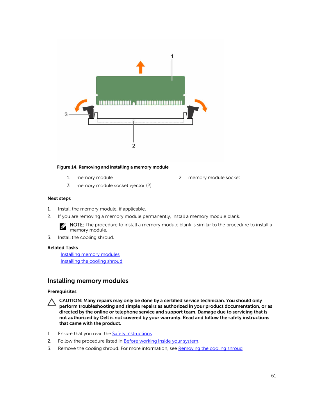 Dell C4130 owner manual Installing memory modules, Removing and installing a memory module 