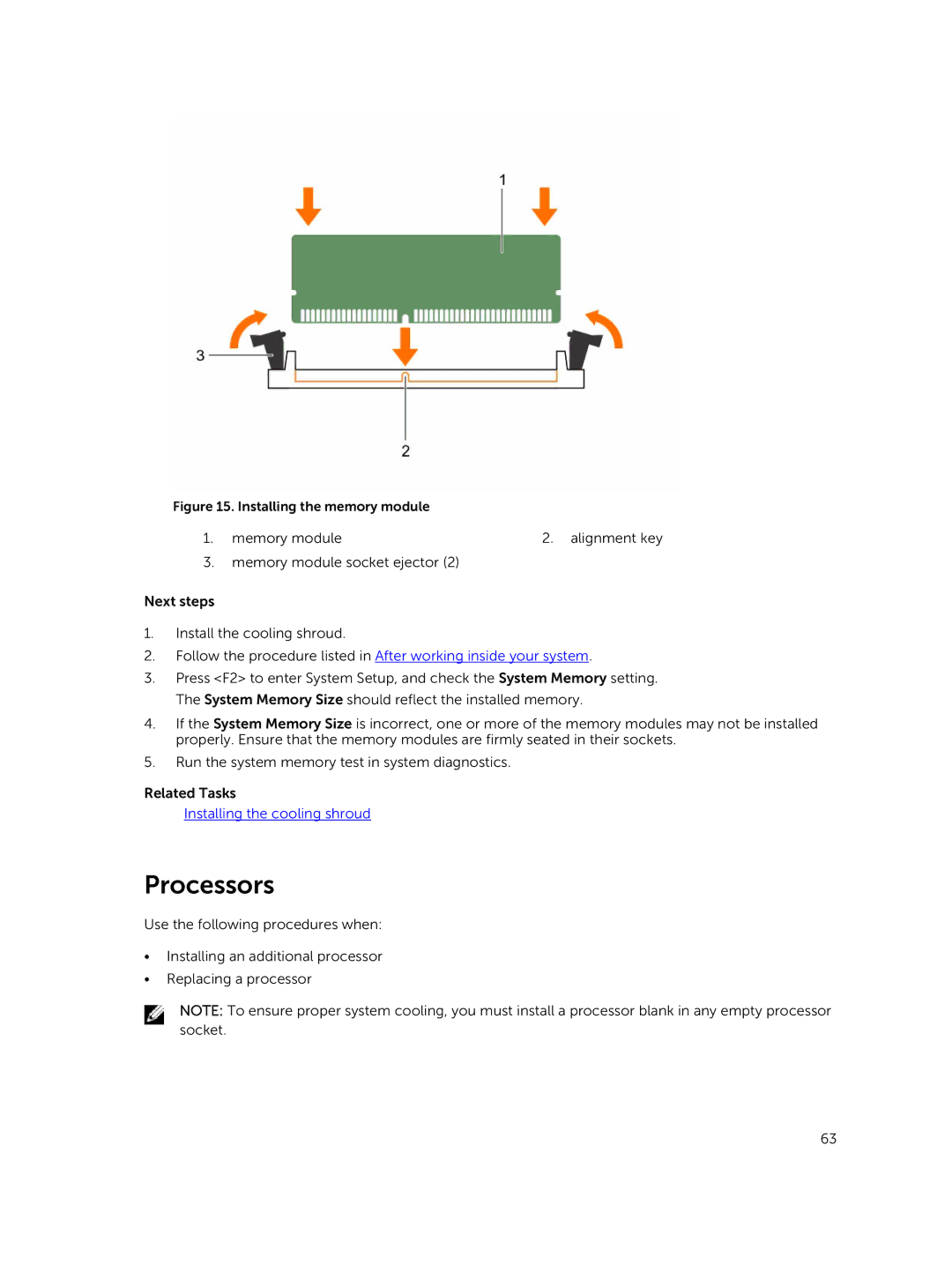 Dell C4130 owner manual Processors, Installing the memory module 