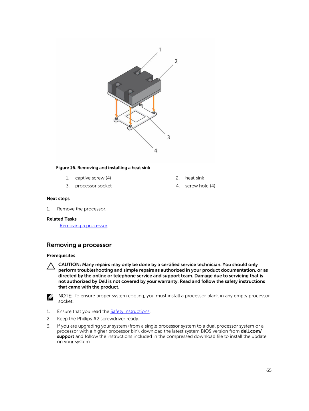 Dell C4130 owner manual Removing a processor, Removing and installing a heat sink 