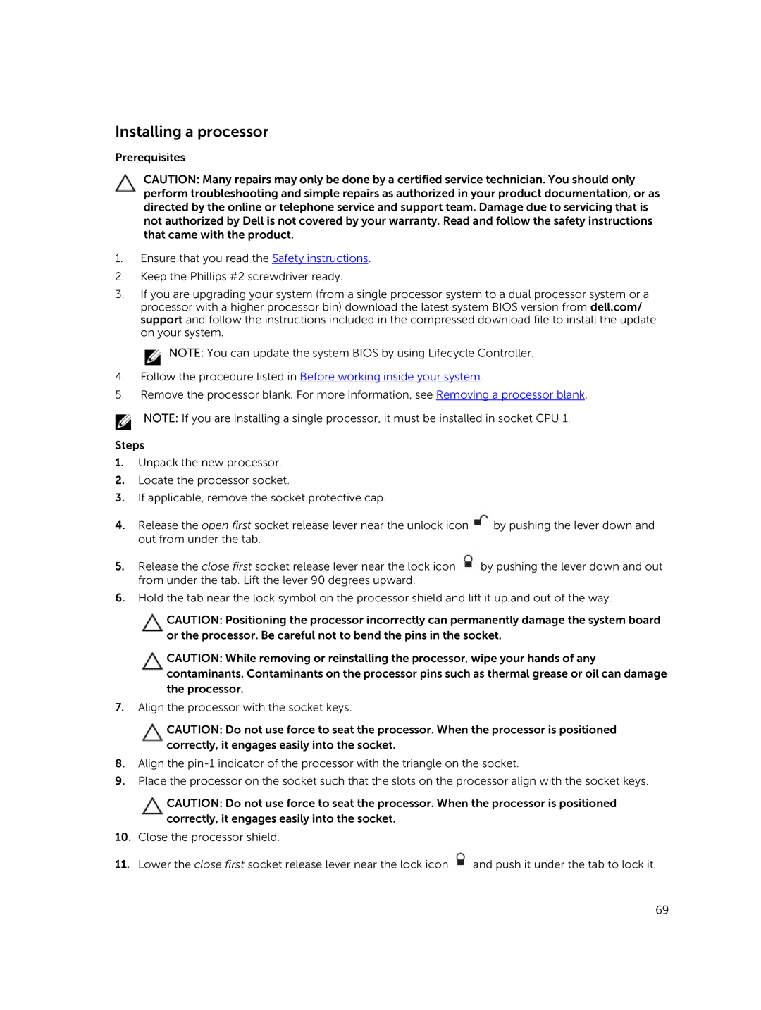 Dell C4130 owner manual Installing a processor 