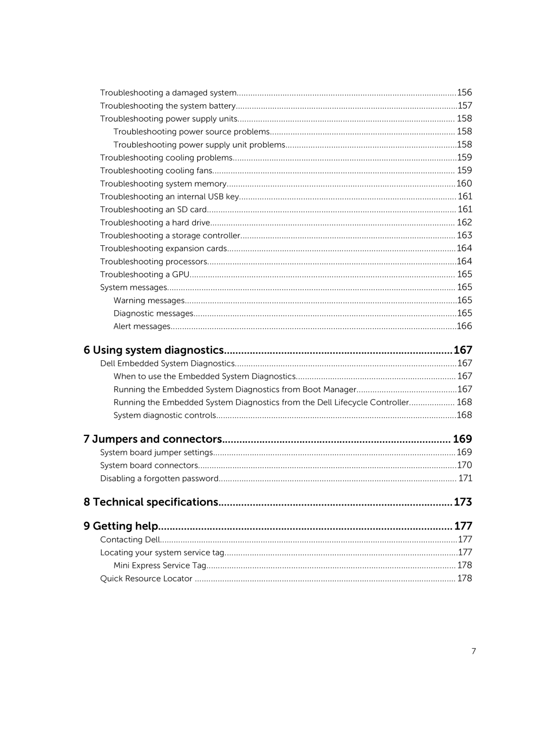 Dell C4130 Using system diagnostics 167, Jumpers and connectors 169, Technical specifications 173 Getting help 177 