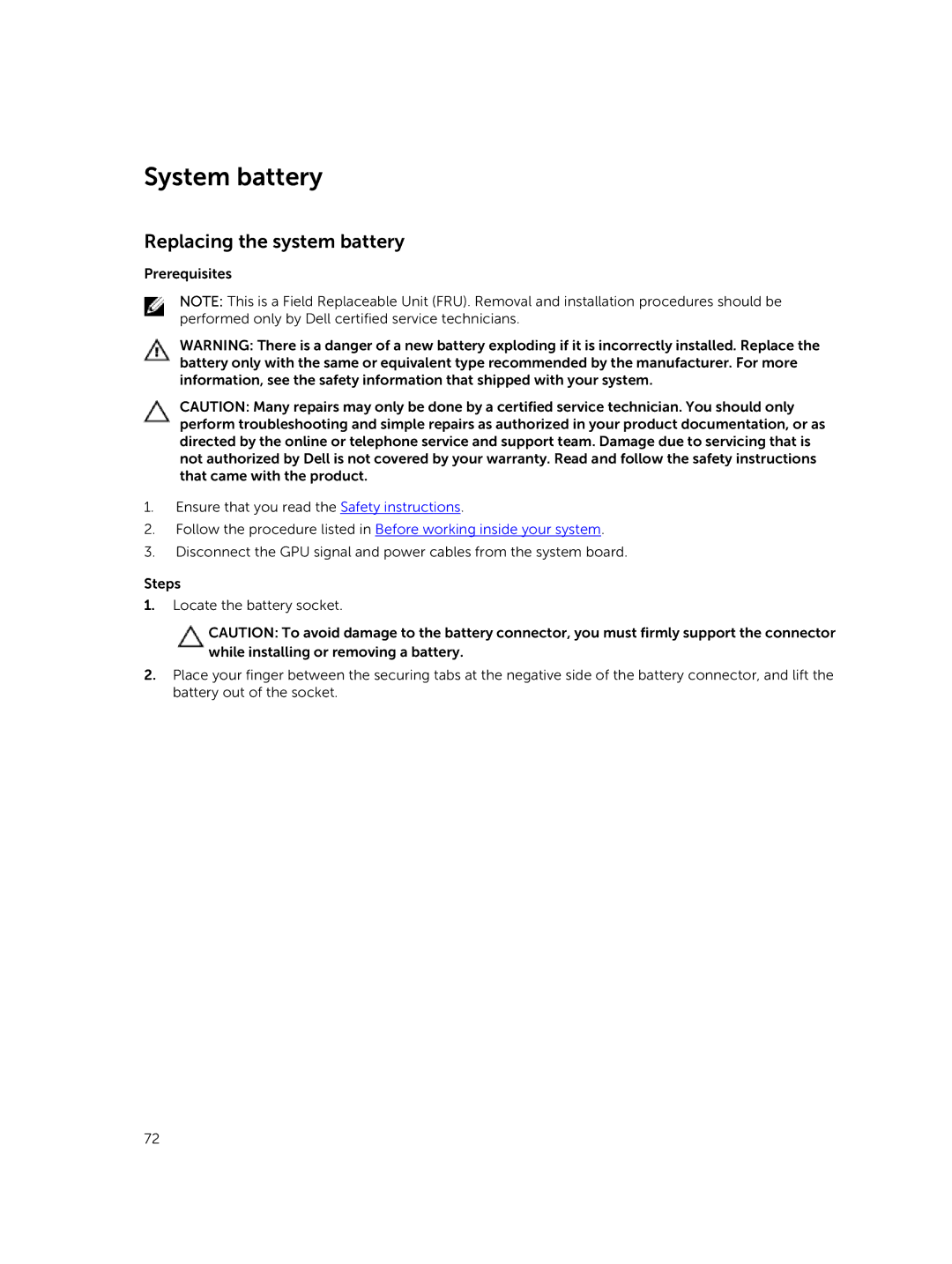 Dell C4130 owner manual System battery, Replacing the system battery 