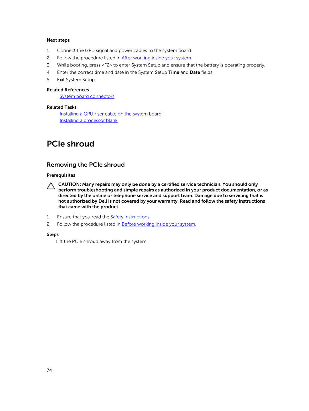 Dell C4130 owner manual Removing the PCIe shroud 