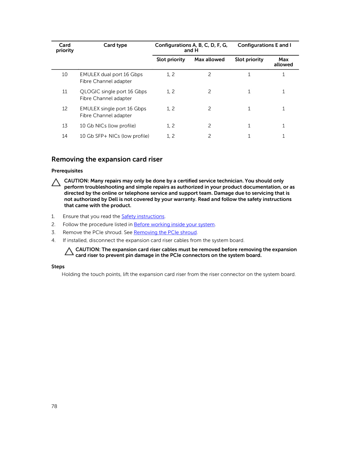 Dell C4130 owner manual Removing the expansion card riser 