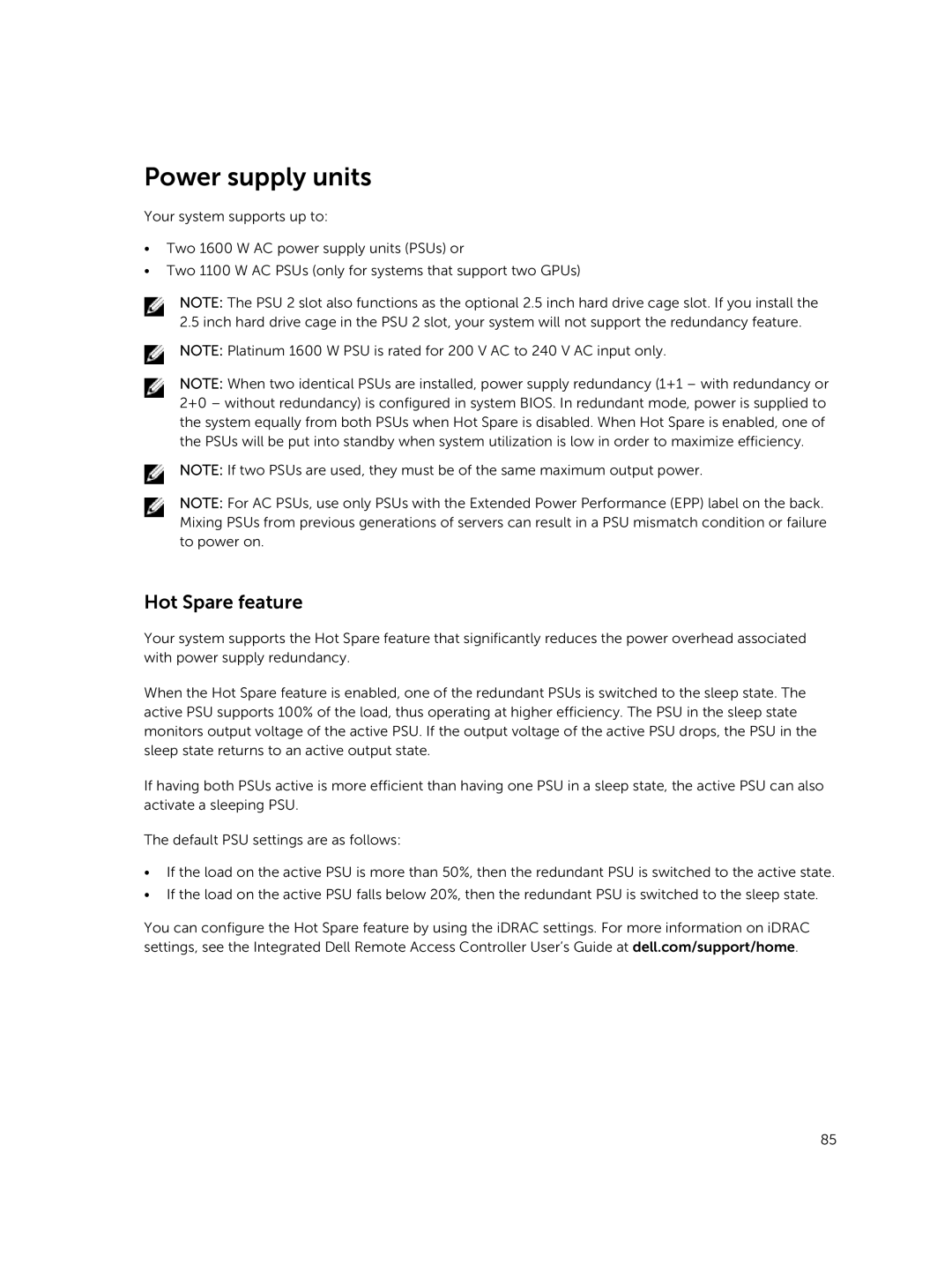 Dell C4130 owner manual Power supply units, Hot Spare feature 