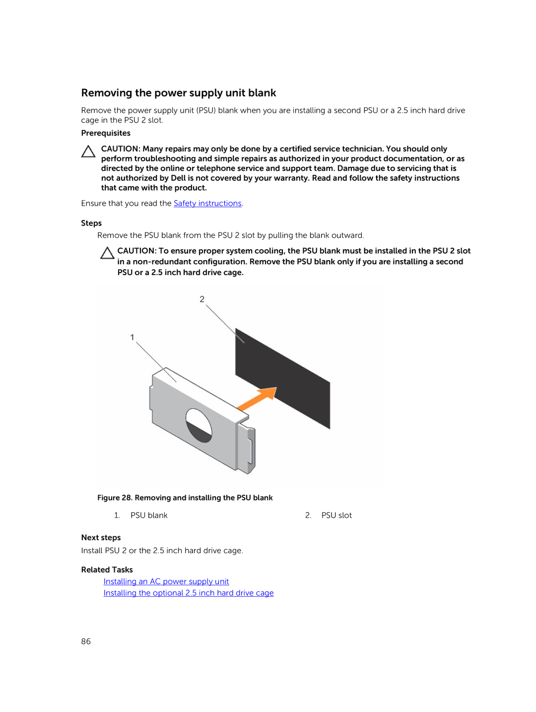 Dell C4130 owner manual Removing the power supply unit blank, Removing and installing the PSU blank 