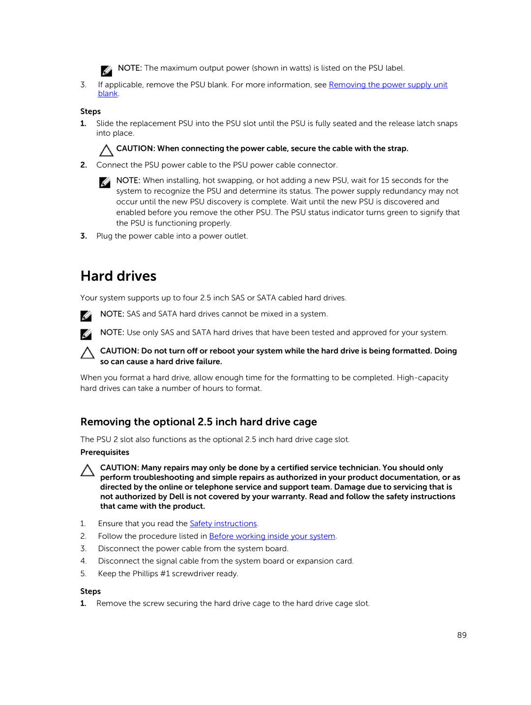 Dell C4130 owner manual Hard drives, Removing the optional 2.5 inch hard drive cage 