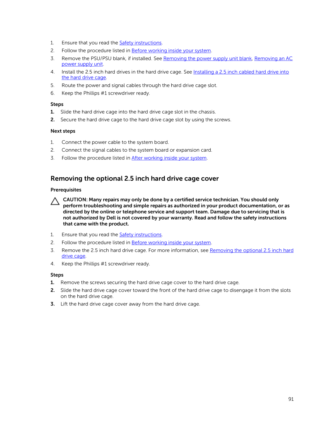 Dell C4130 owner manual Removing the optional 2.5 inch hard drive cage cover 