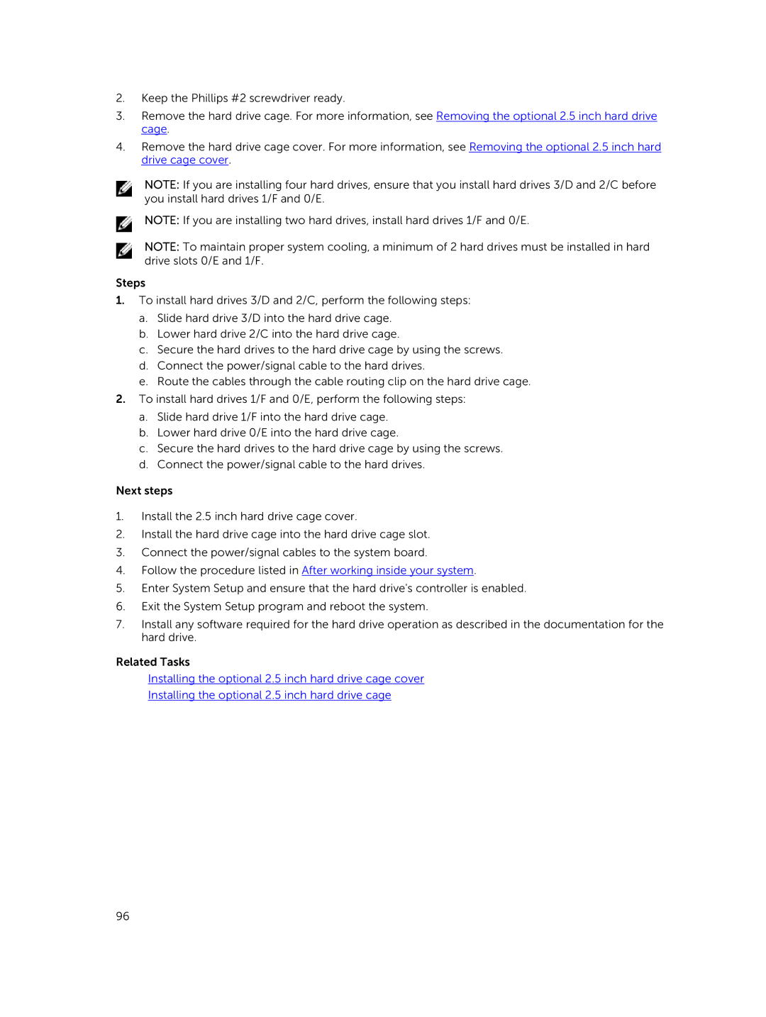 Dell C4130 owner manual Installing the optional 2.5 inch hard drive cage cover 