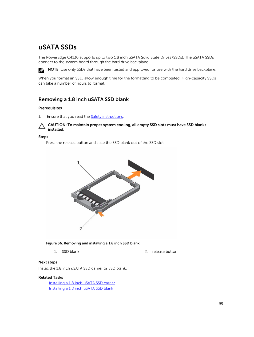 Dell C4130 owner manual USATA SSDs, Removing a 1.8 inch uSATA SSD blank 