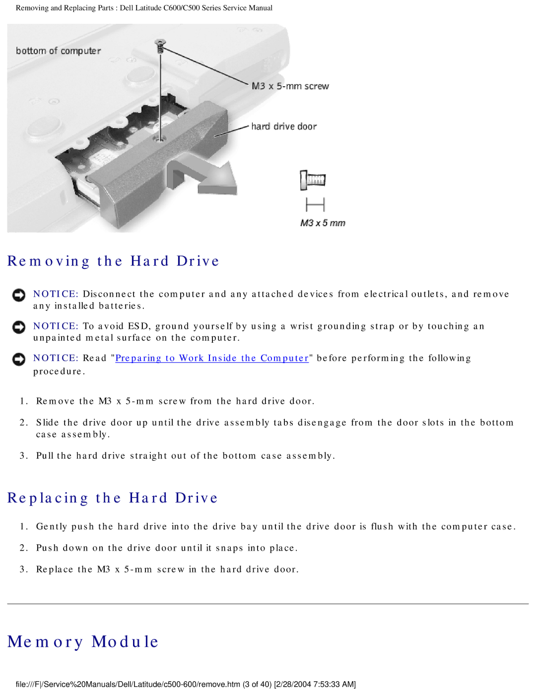 Dell C500 manual Memory Module, Removing the Hard Drive, Replacing the Hard Drive 