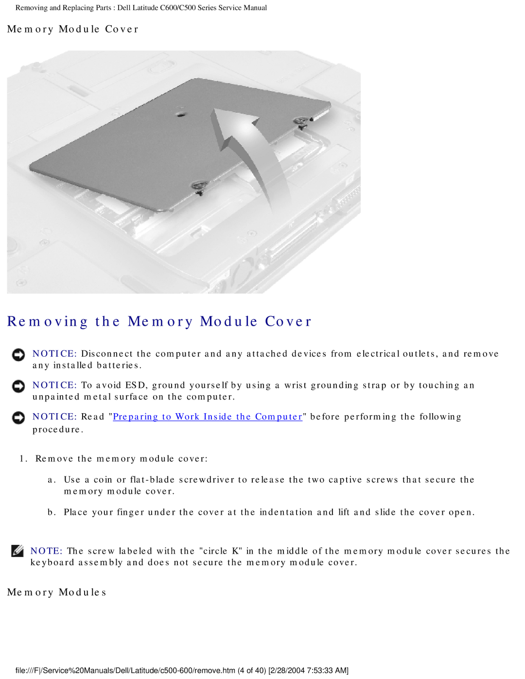 Dell C500 manual Removing the Memory Module Cover, Memory Modules 