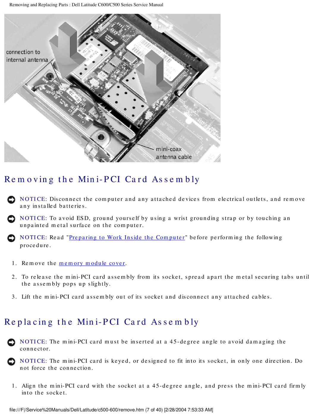 Dell C500 manual Removing the Mini-PCI Card Assembly, Replacing the Mini-PCI Card Assembly 
