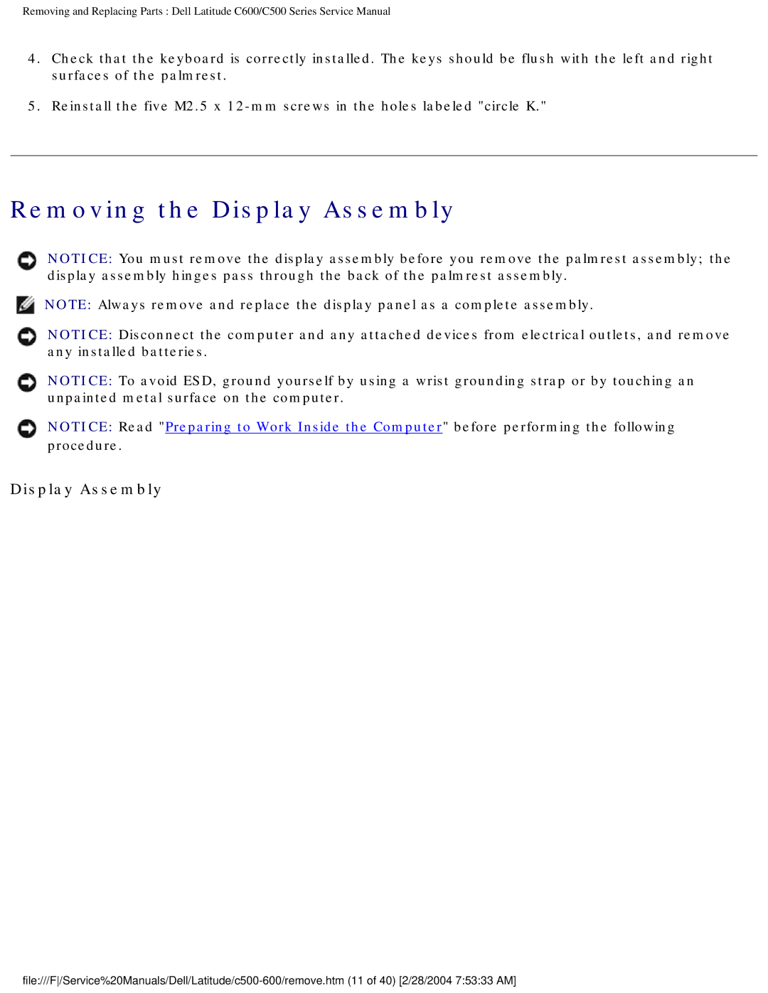 Dell C500 manual Removing the Display Assembly 