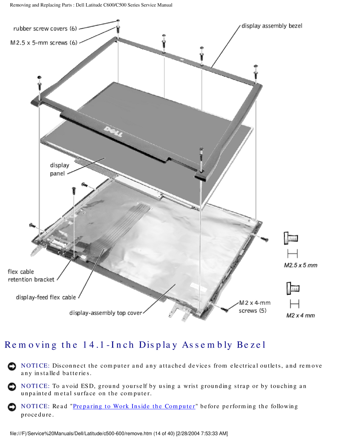 Dell C500 manual Removing the 14.1-Inch Display Assembly Bezel 