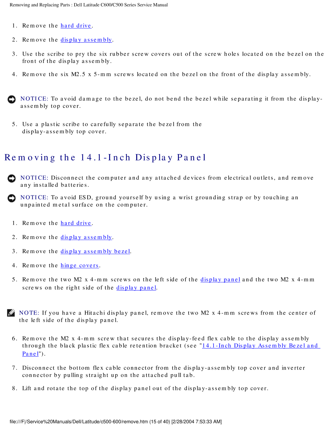 Dell C500 manual Removing the 14.1-Inch Display Panel, Remove the display assembly 