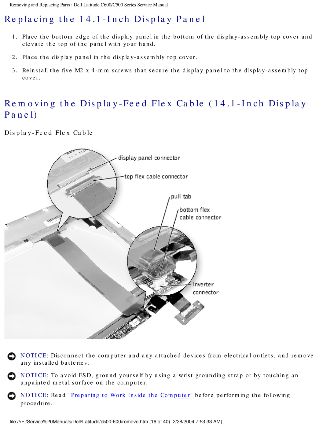 Dell C500 manual Replacing the 14.1-Inch Display Panel, Display-Feed Flex Cable 