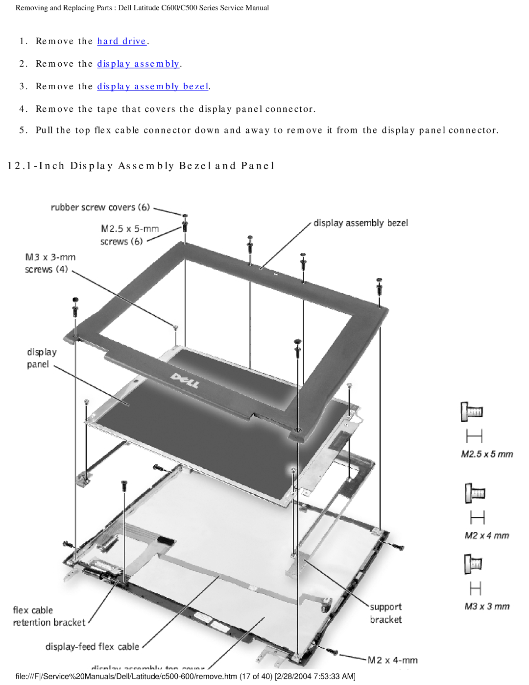 Dell C500 manual Inch Display Assembly Bezel and Panel 