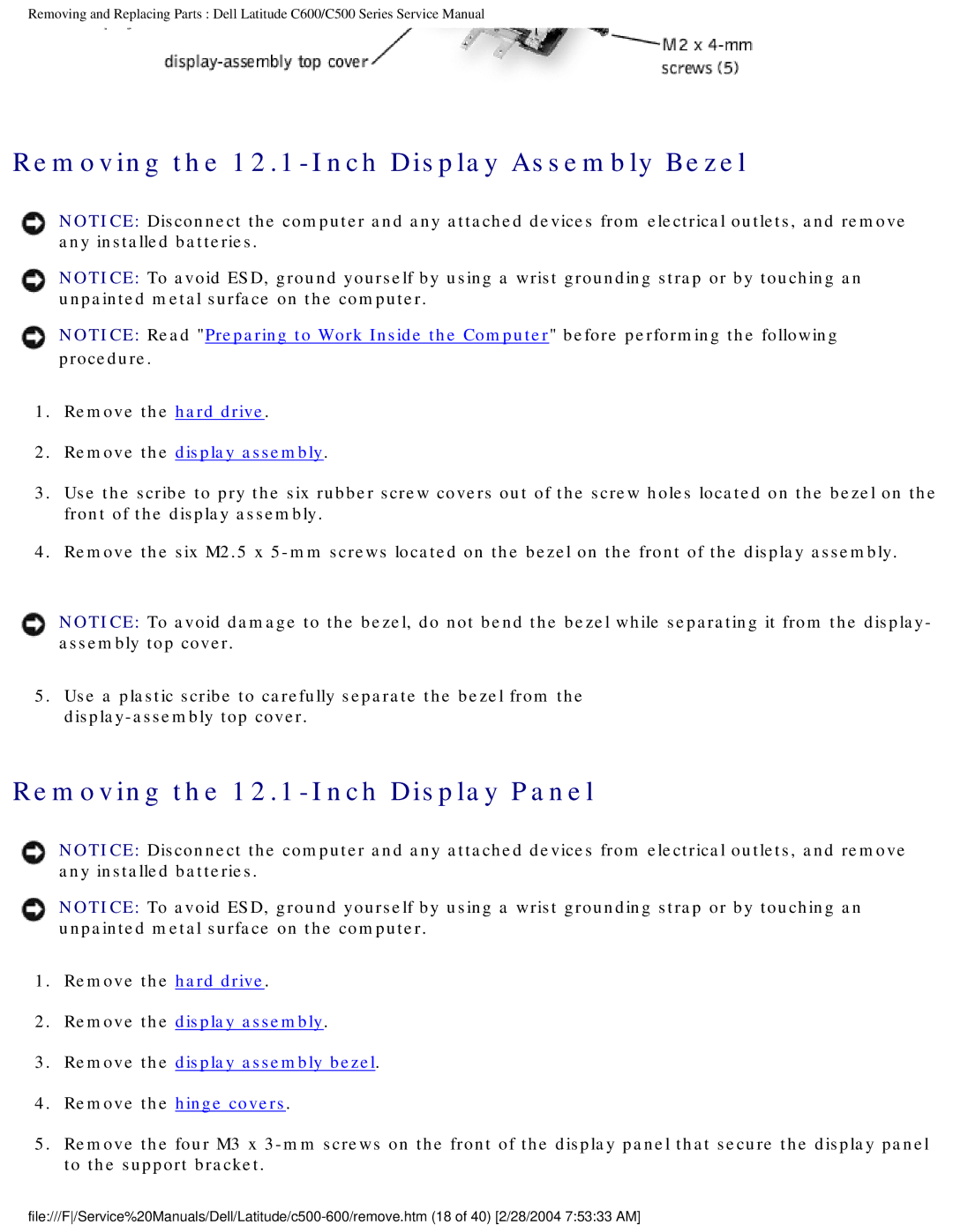 Dell C500 manual Removing the 12.1-Inch Display Assembly Bezel, Removing the 12.1-Inch Display Panel 