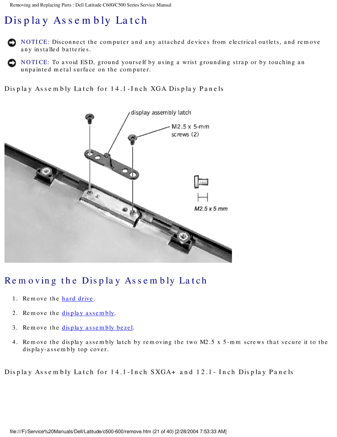 Dell C500 manual Removing the Display Assembly Latch, Display Assembly Latch for 14.1-Inch XGA Display Panels 