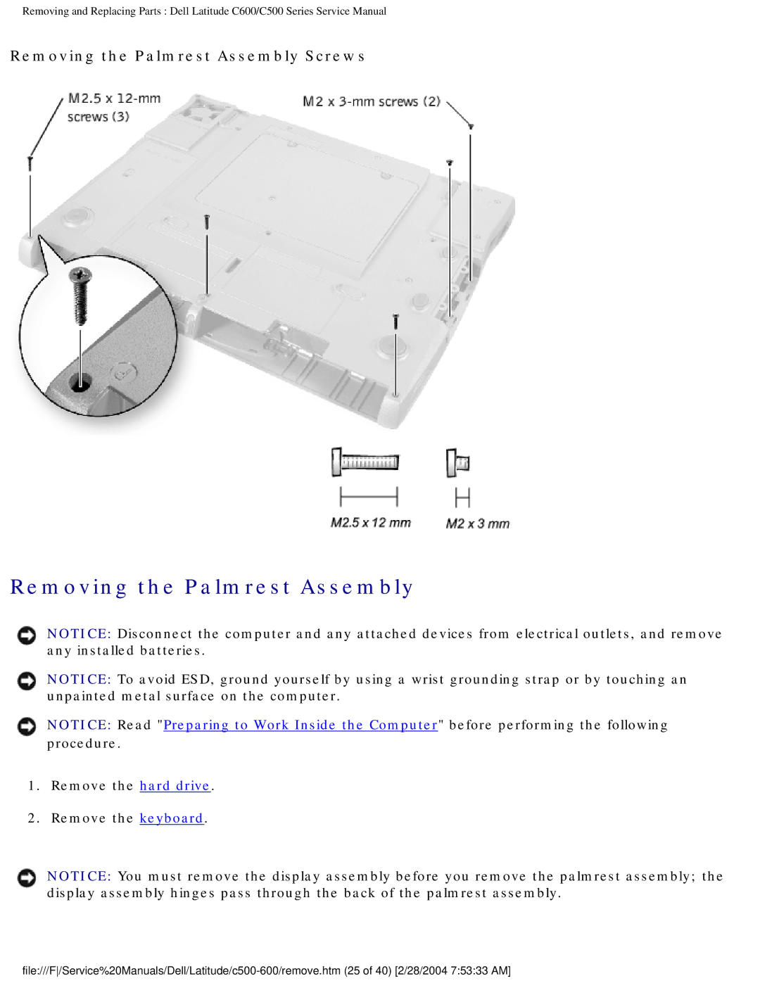 Dell C500 manual Removing the Palmrest Assembly Screws 