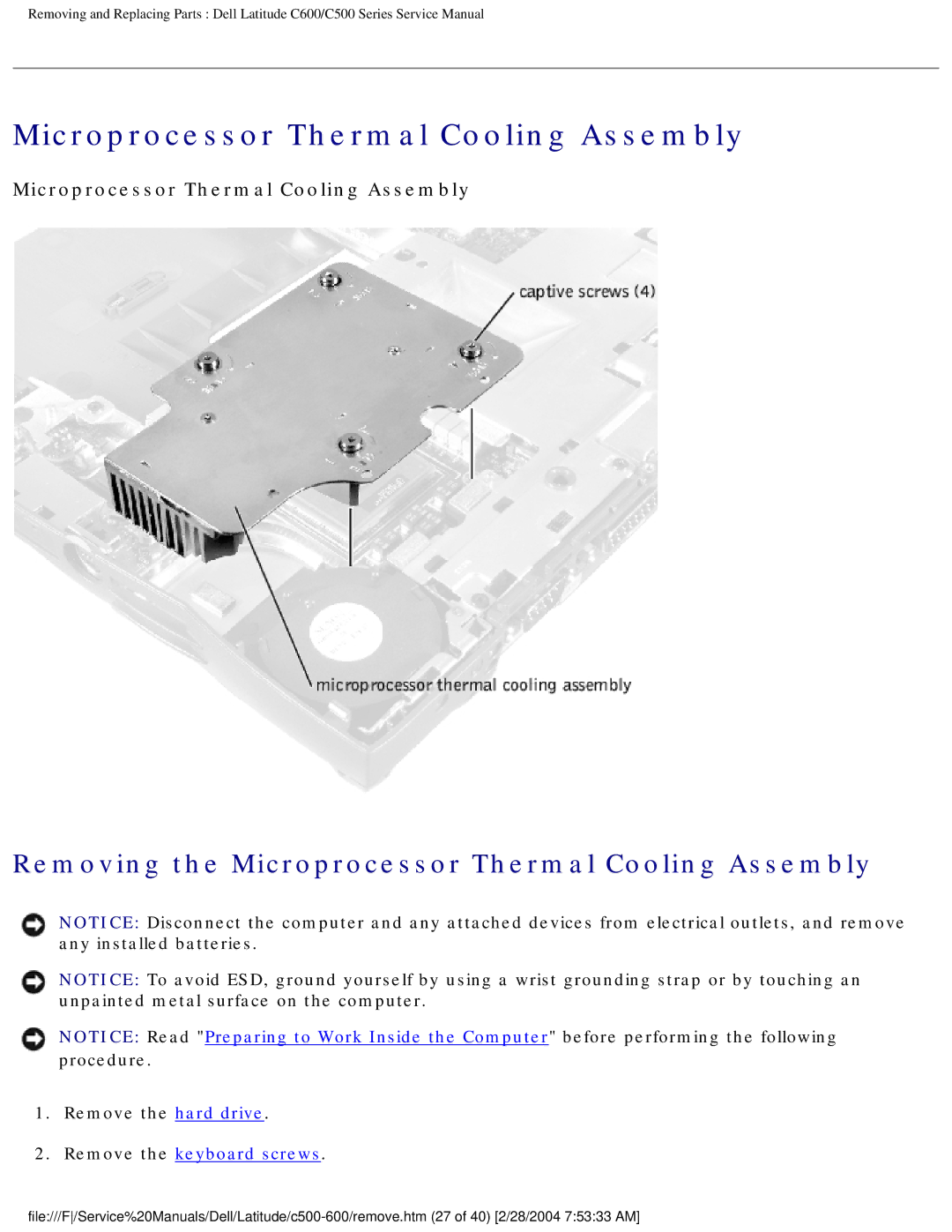 Dell C500 manual Removing the Microprocessor Thermal Cooling Assembly 