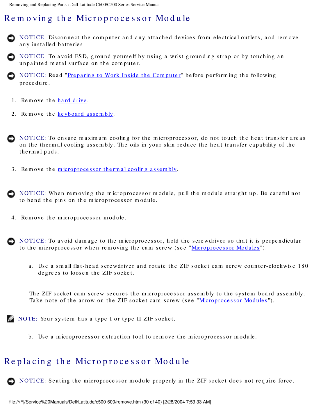 Dell C500 manual Removing the Microprocessor Module, Replacing the Microprocessor Module 