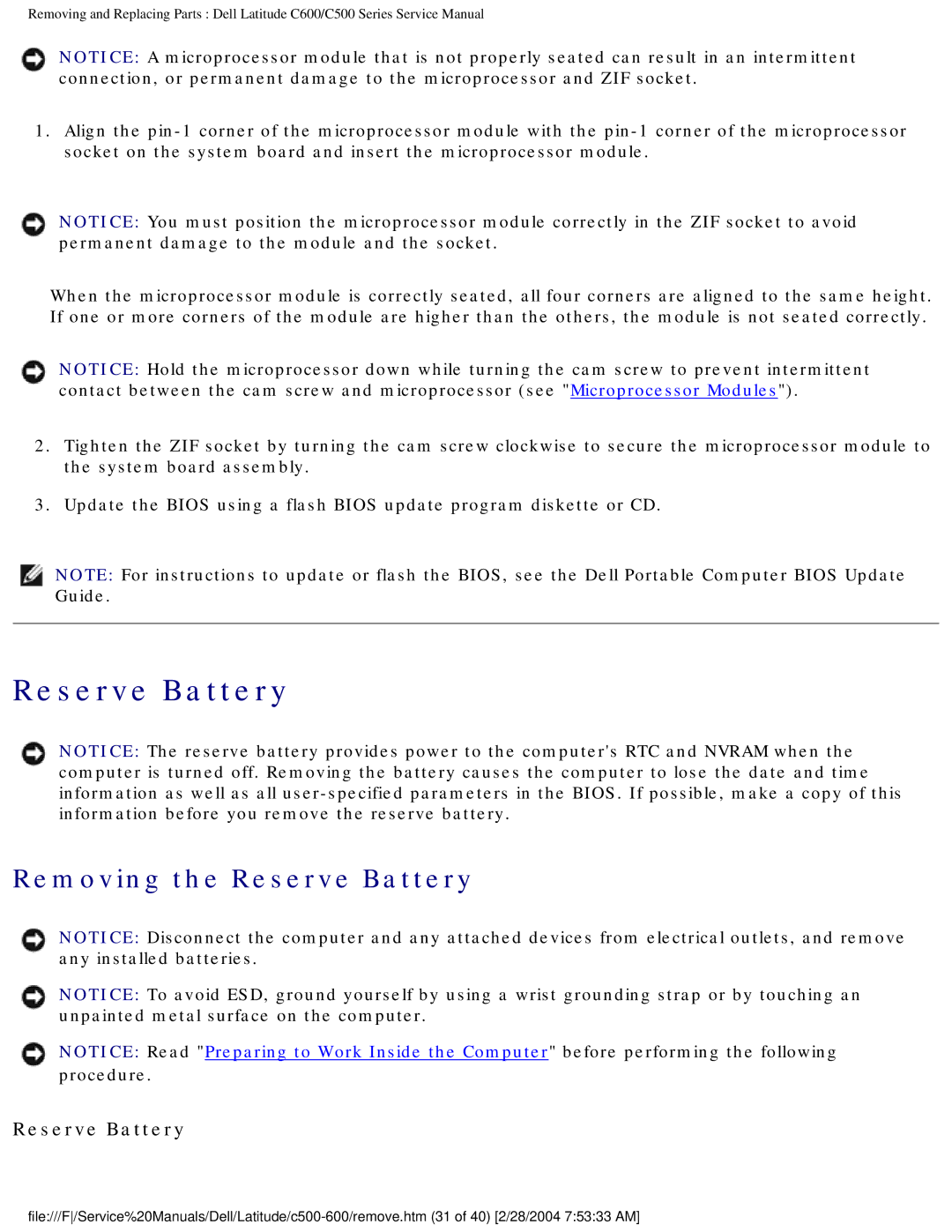 Dell C500 manual Removing the Reserve Battery 